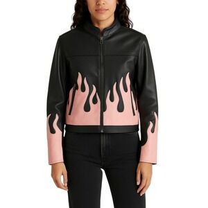 VTG Diamond Plate Womens Large Faux Leather Jacket Black Pink Flame Moto Biker D
